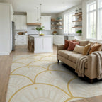 Cream Gold Fan Scale Geometric Rug Living Room View