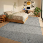 Cream Gray Vintage Damask Scroll Rug Bedroom View