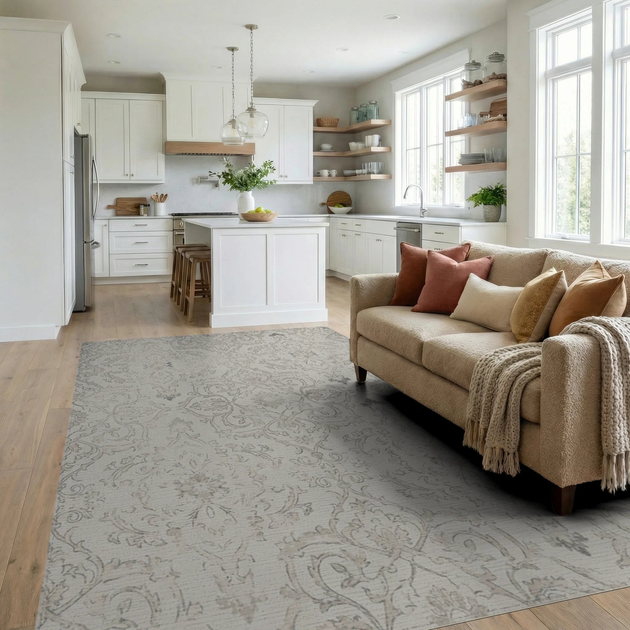 Cream Gray Vintage Damask Scroll Rug Living Room View