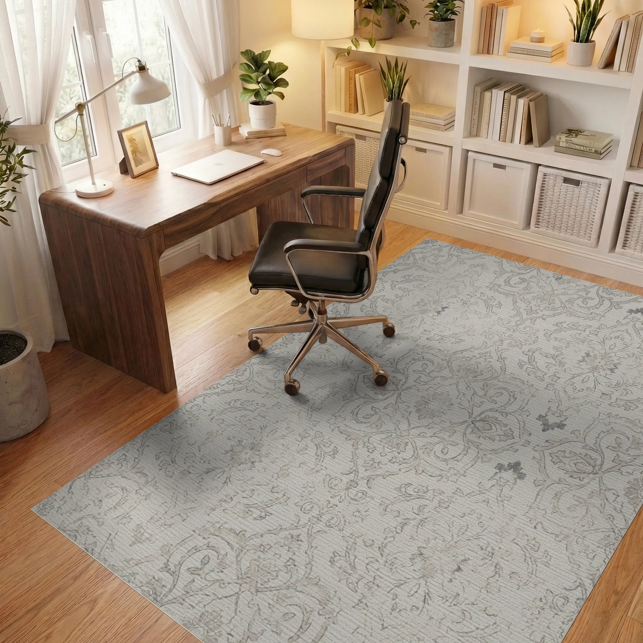 Cream Gray Vintage Damask Scroll Rug Office View