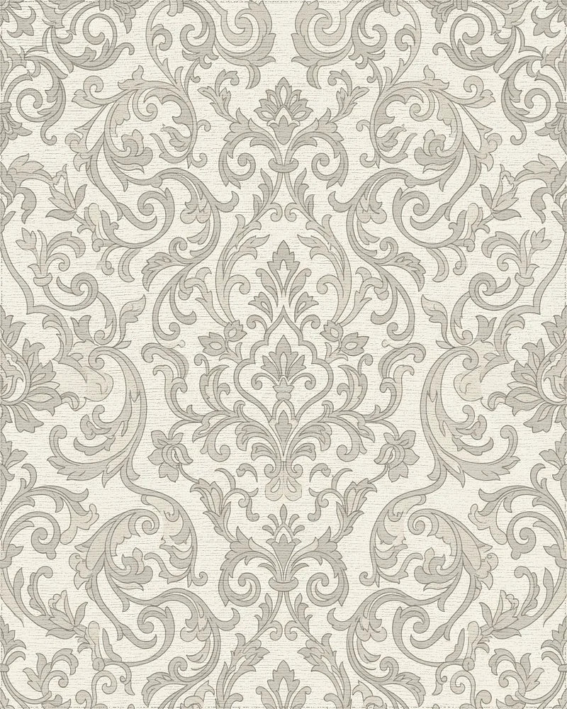 Cream Grey Ornate Damask Scroll Work Rug - Cutout View