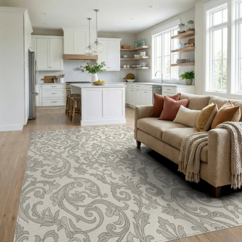 Cream Grey Ornate Damask Scroll Work Rug Living Room View