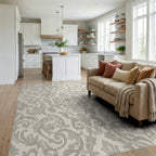 Cream Grey Ornate Damask Scroll Work Rug Living Room View