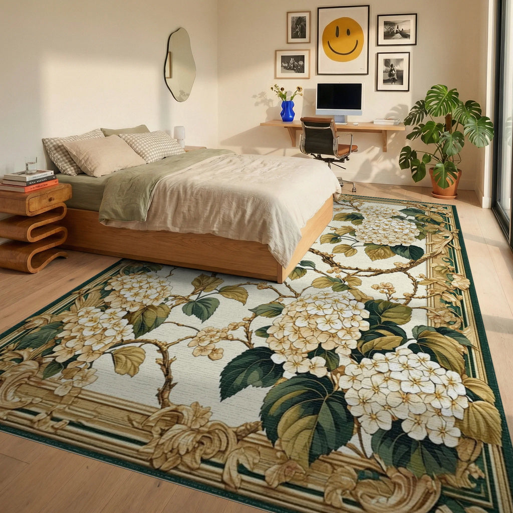 Cream Hydrangea with Gold Border Rug Bedroom View