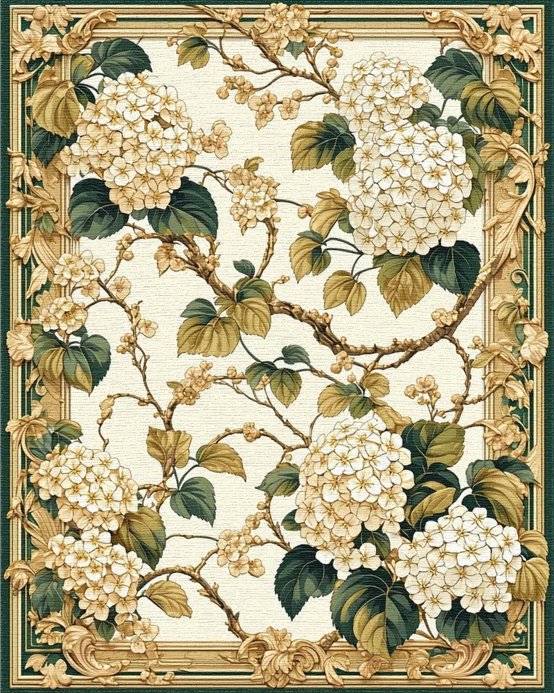 Cream Hydrangea with Gold Border Rug - Cutout View