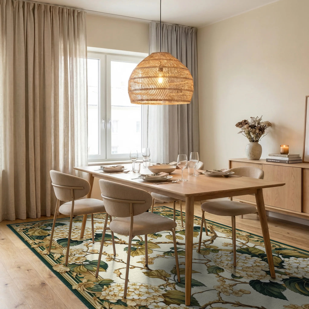 Cream Hydrangea with Gold Border Rug Dining Room View