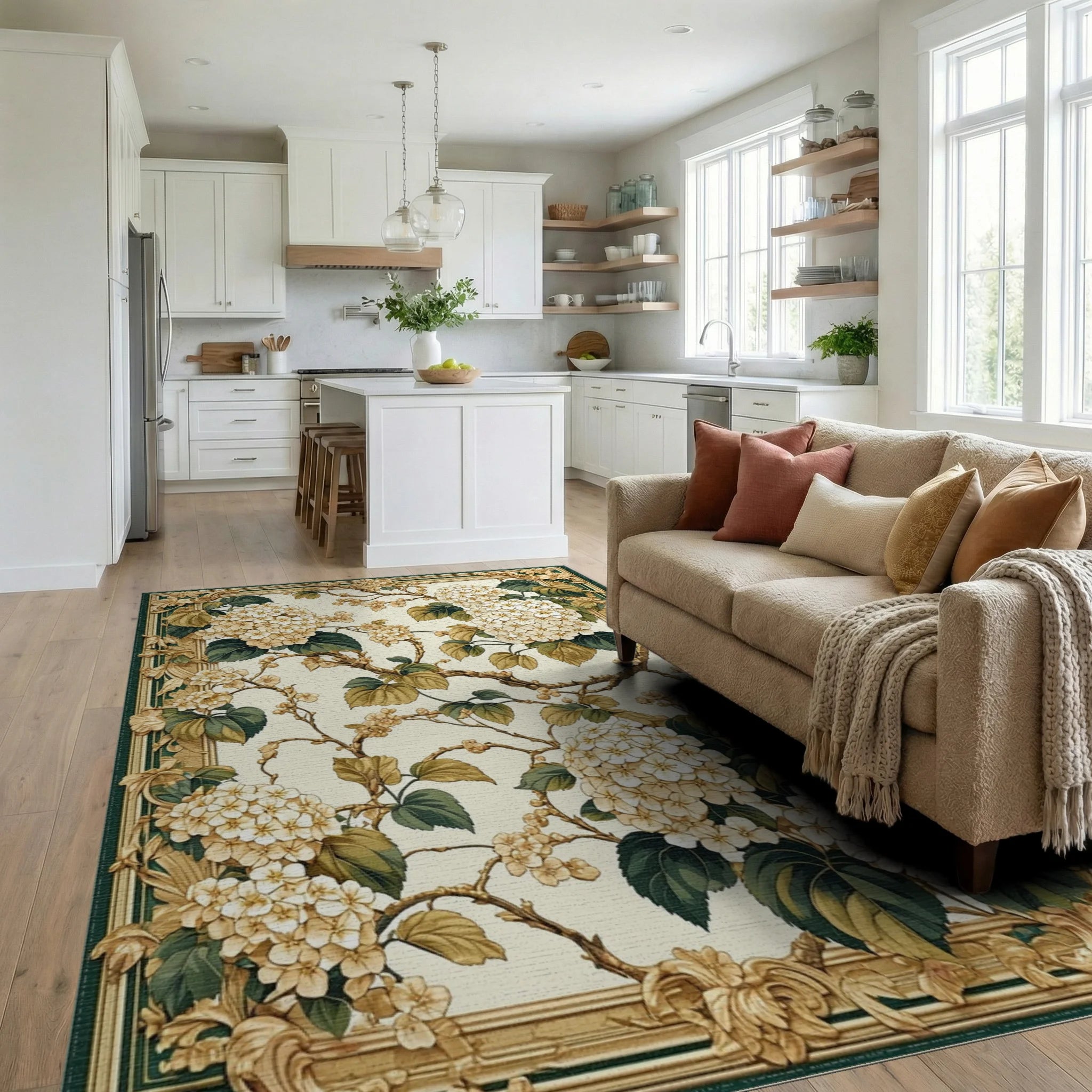 Cream Hydrangea with Gold Border Rug Living Room View
