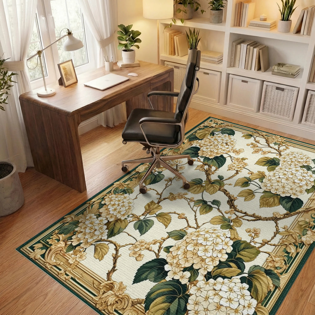 Cream Hydrangea with Gold Border Rug Office View