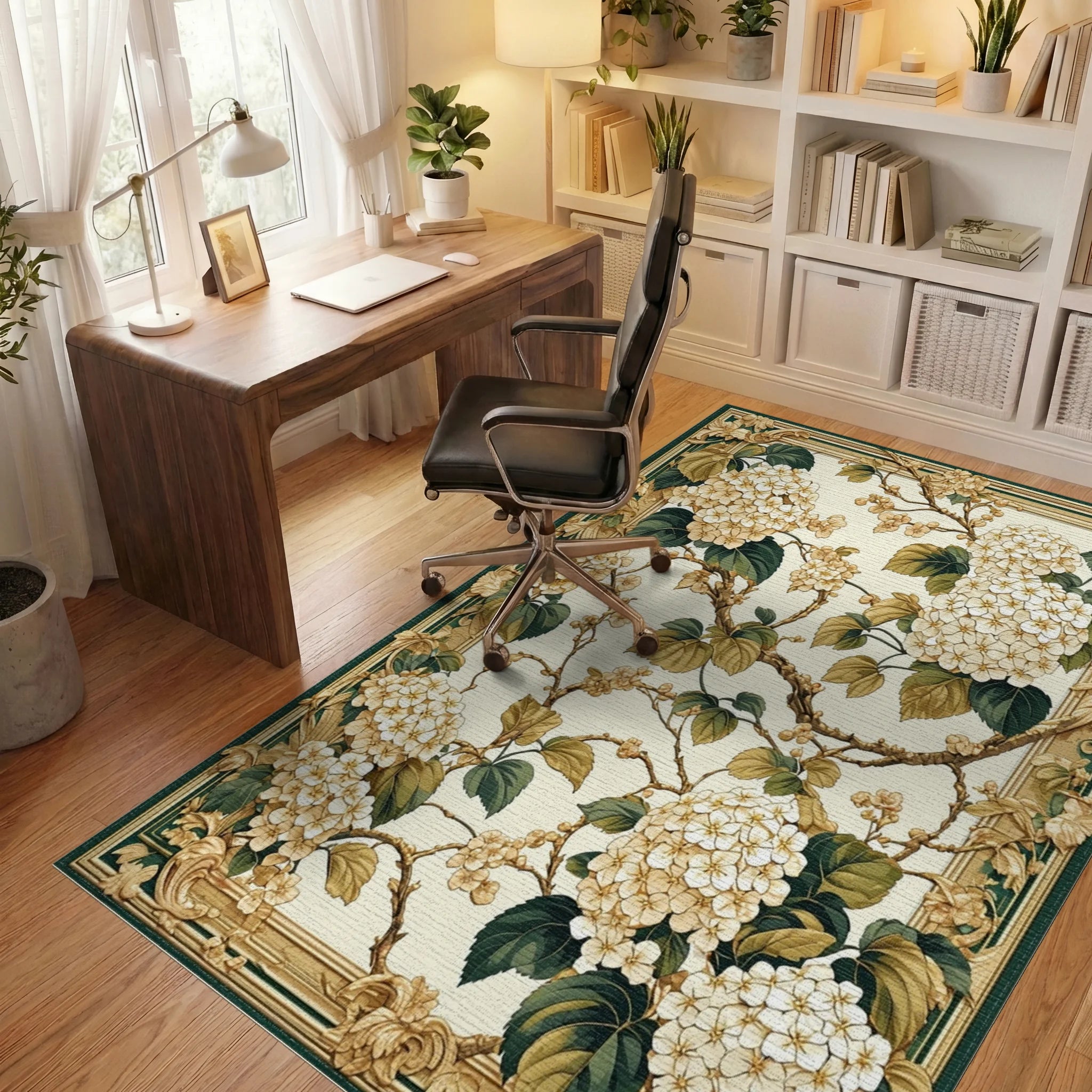 Cream Hydrangea with Gold Border Rug Office View