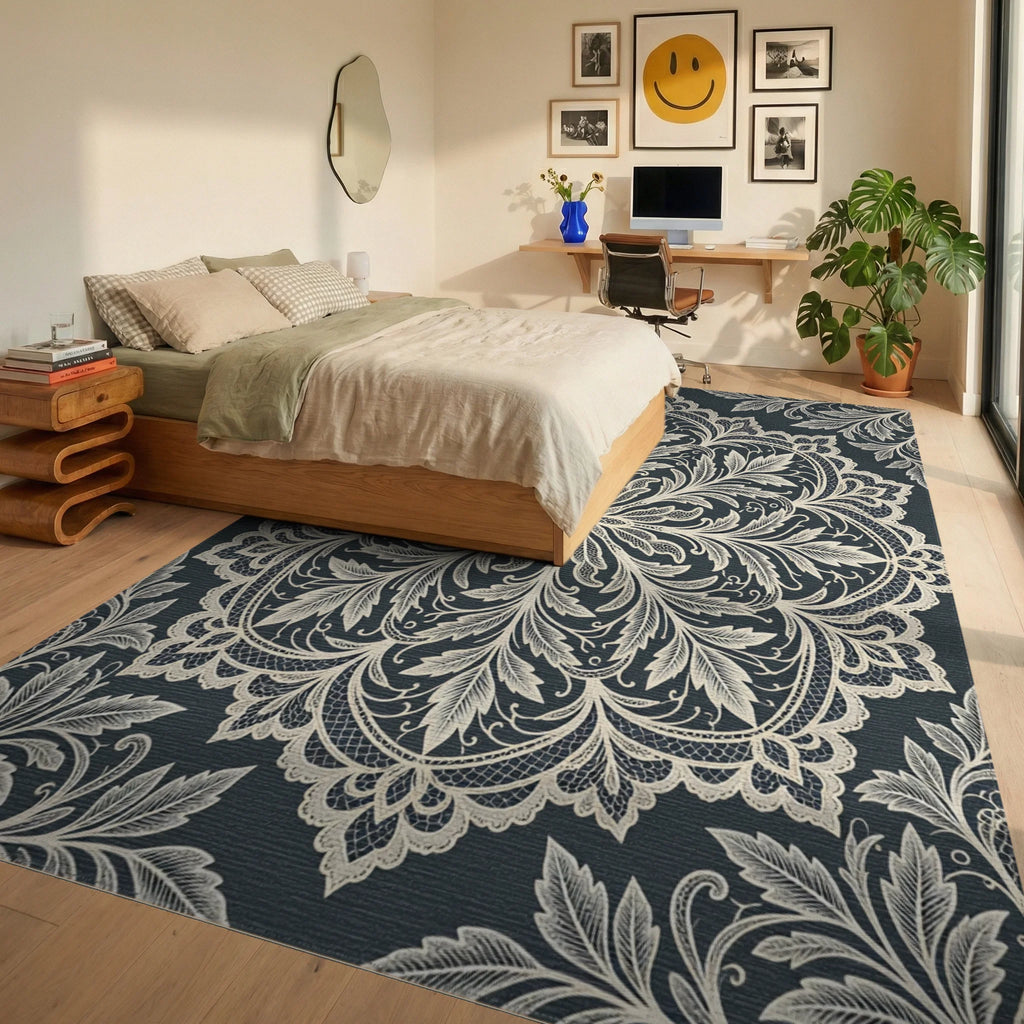 Cream Lace Floral Medallion Rug Bedroom View