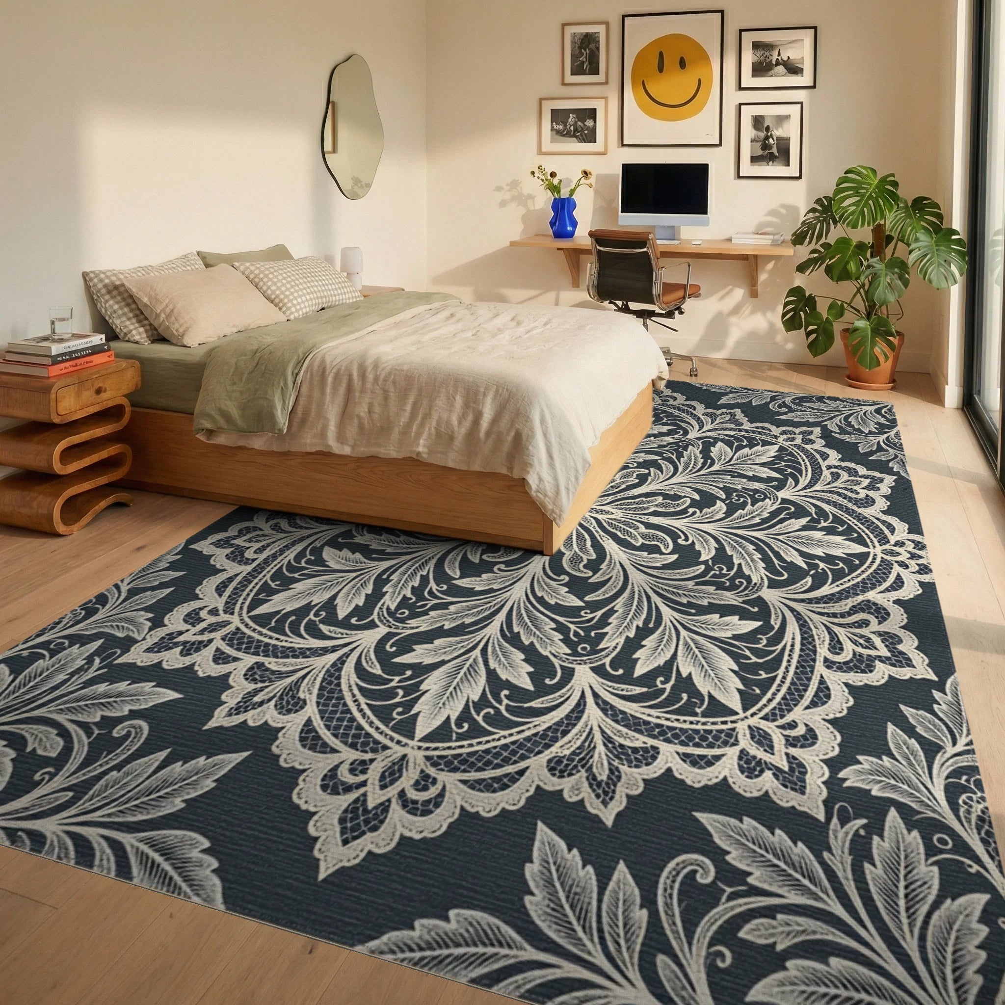 Cream Lace Floral Medallion Rug Bedroom View