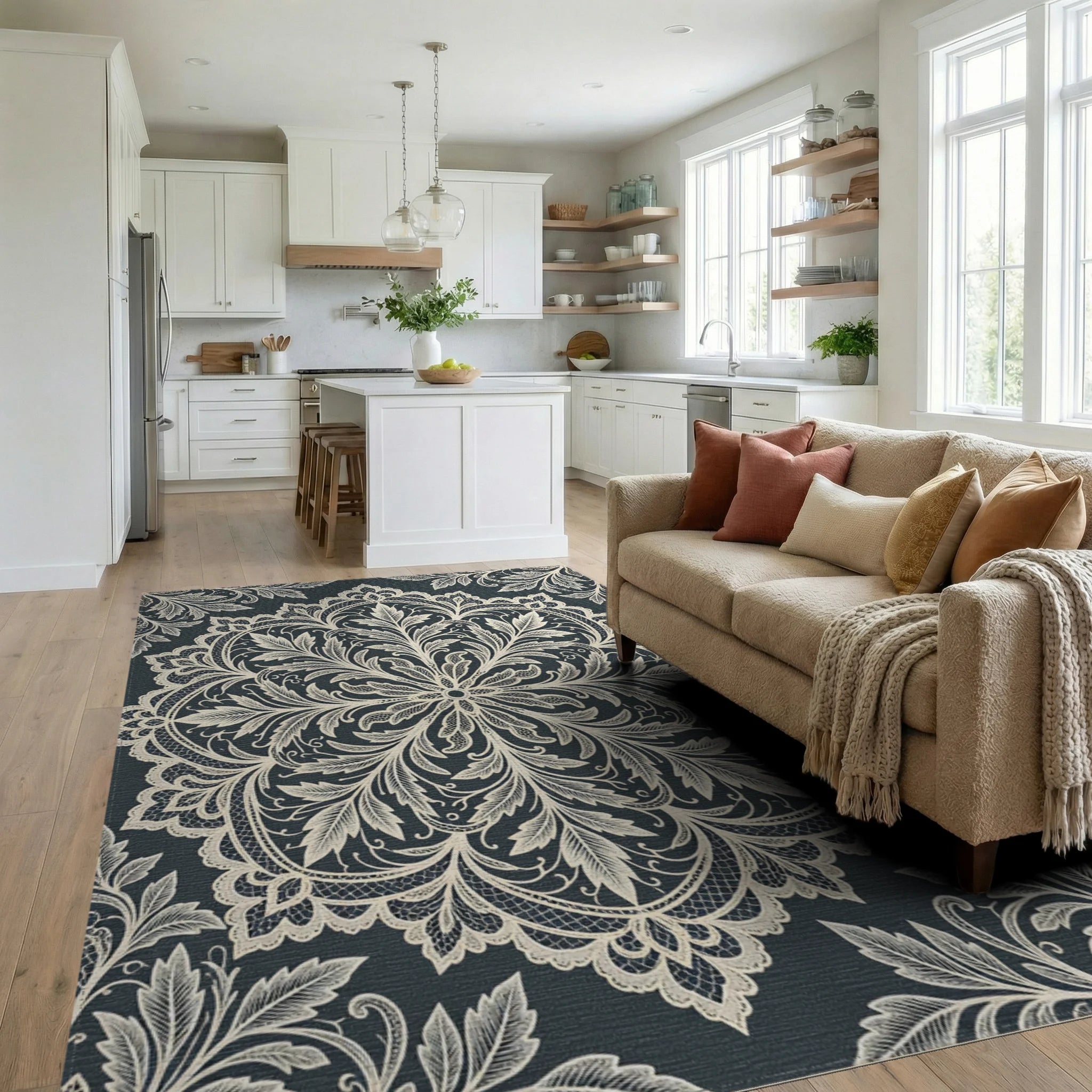 Cream Lace Floral Medallion Rug Living Room View
