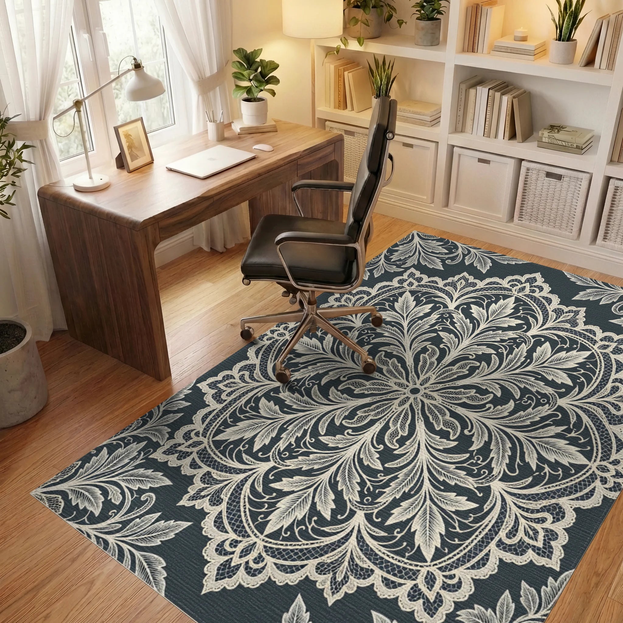 Cream Lace Floral Medallion Rug Office View