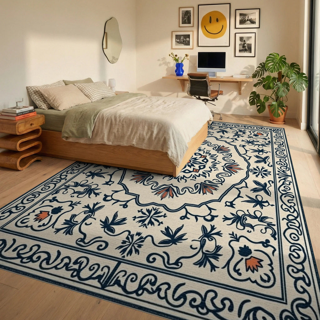 Cream Navy Coral Floral Medallion Rug Bedroom View