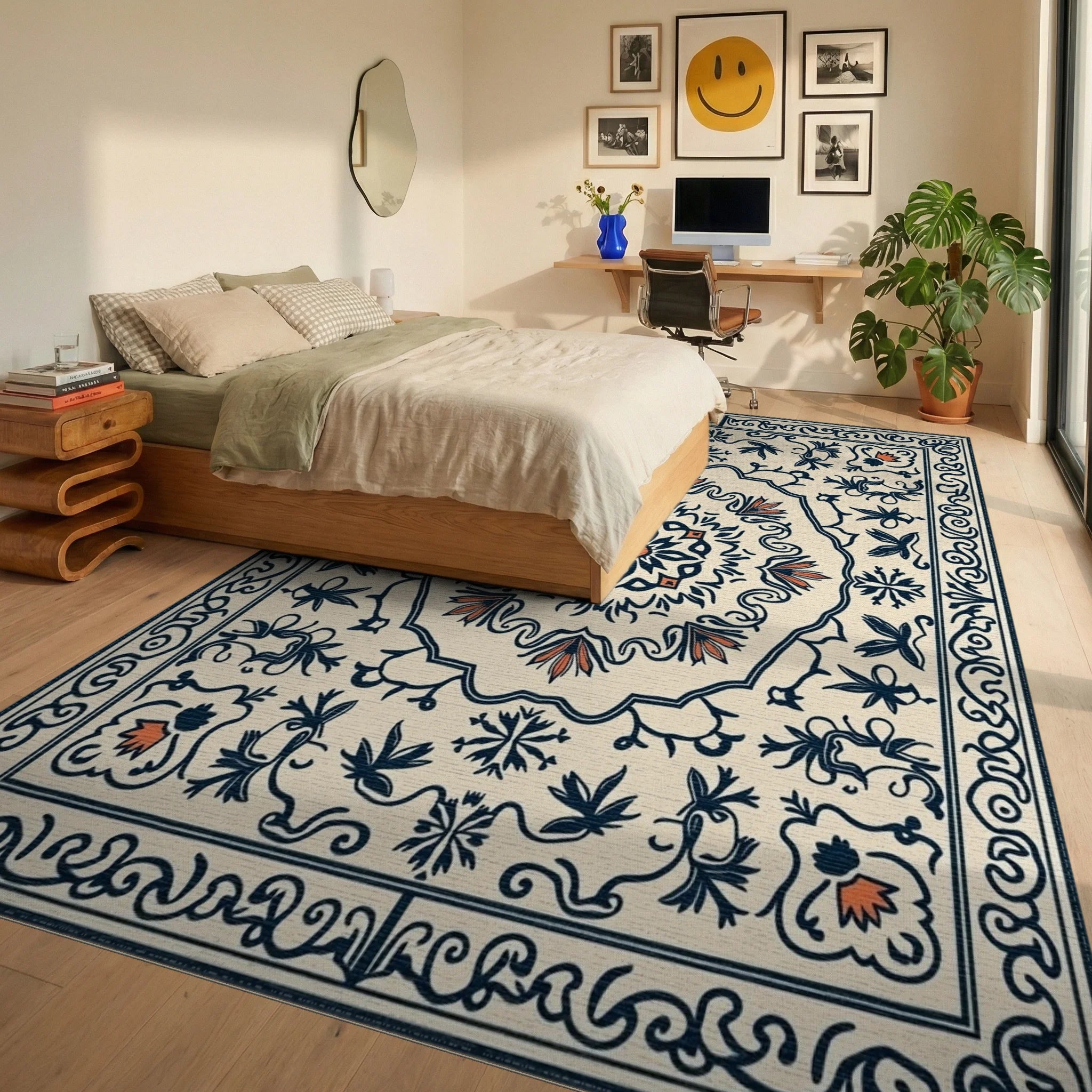 Cream Navy Coral Floral Medallion Rug Bedroom View