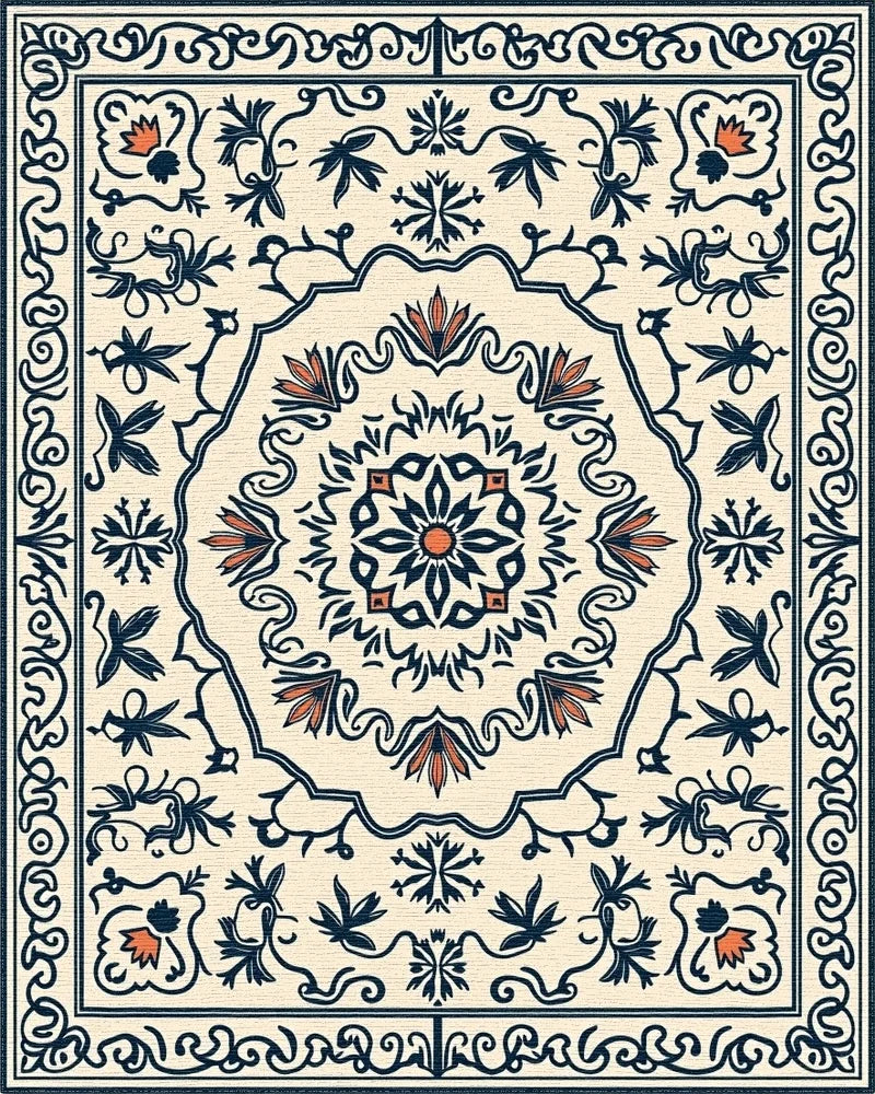 Cream Navy Coral Floral Medallion Rug - Cutout View