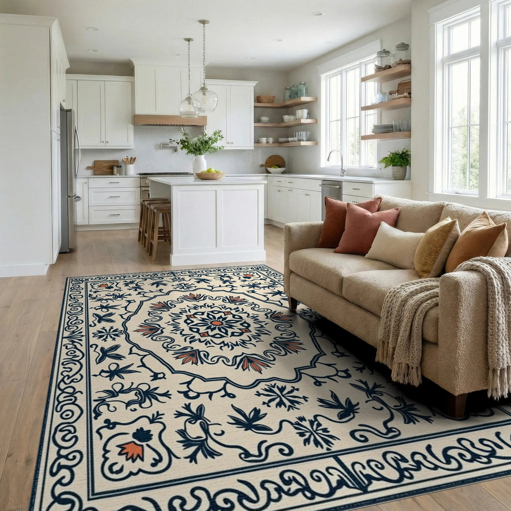 Cream Navy Coral Floral Medallion Rug Living Room View