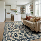Cream Navy Coral Floral Medallion Rug Living Room View