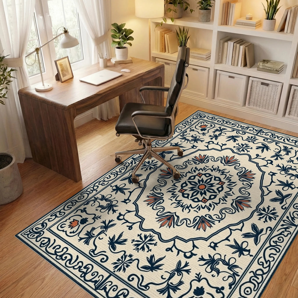 Cream Navy Coral Floral Medallion Rug Office View