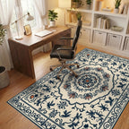 Cream Navy Coral Floral Medallion Rug Office View