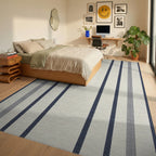 Cream Navy Stripe Ticking Rug - Bedroom View