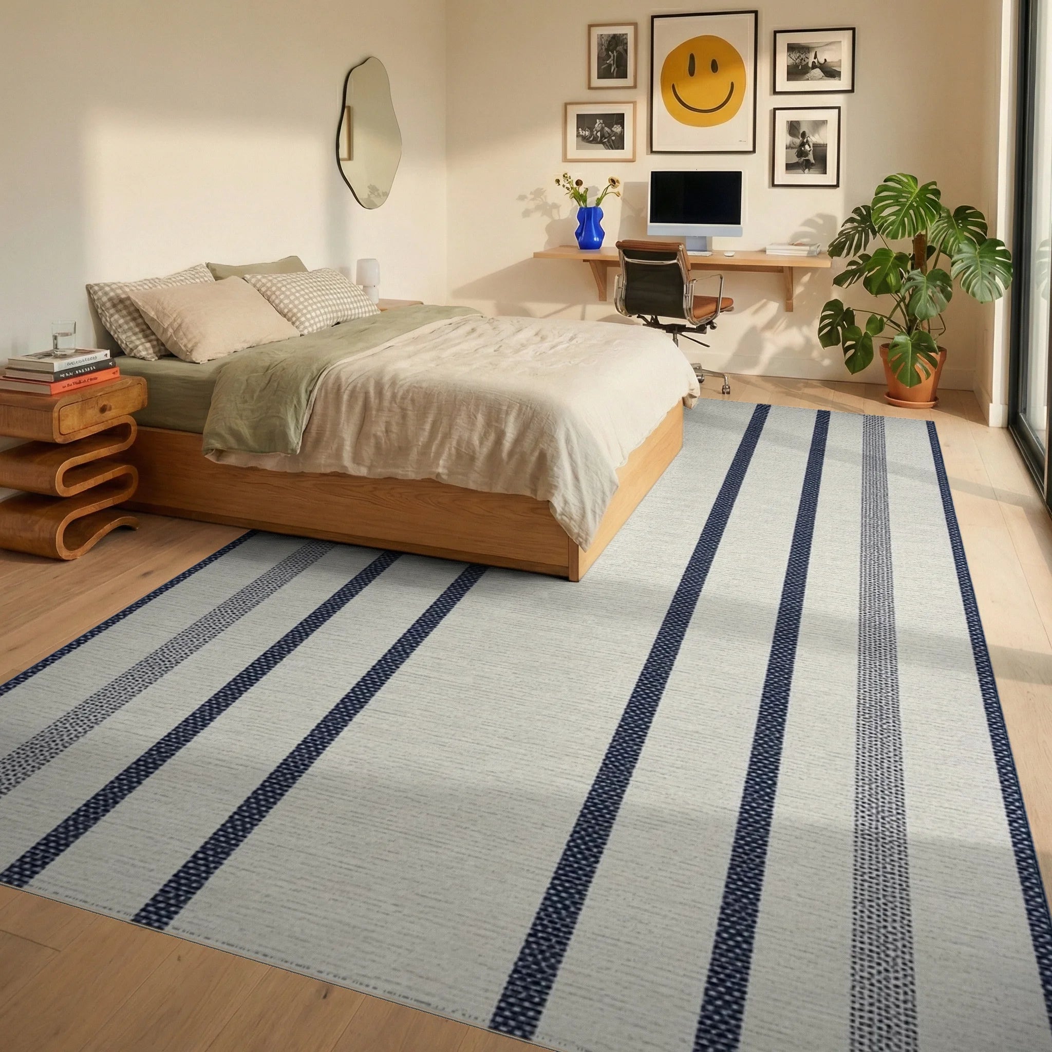 Cream Navy Stripe Ticking Rug - Bedroom View