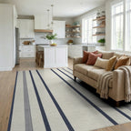Cream Navy Stripe Ticking Rug - Living Room View