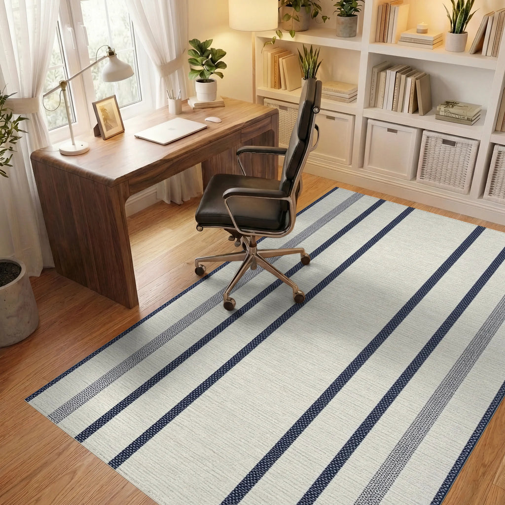 Cream Navy Stripe Ticking Rug - Office View