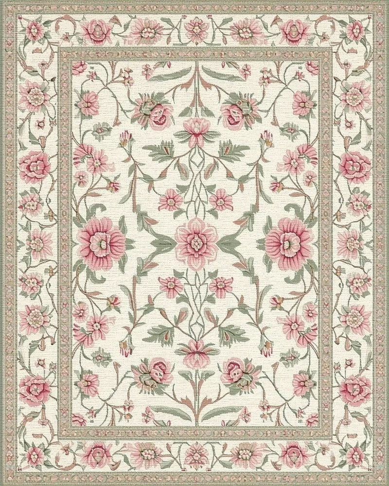 Cream Pink Floral Garden Border Rug - Cutout View