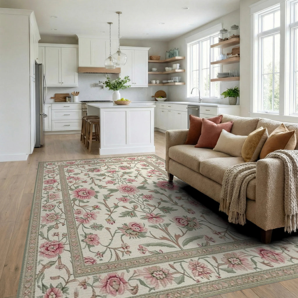 Cream Pink Floral Garden Border Rug - Living Room View