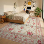 Cream Pink Floral Medallion Border Rug - Bedroom View