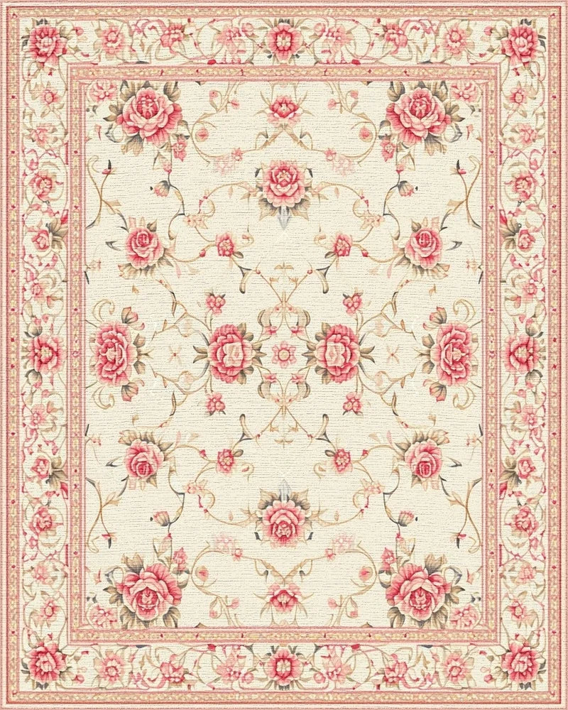 Cream Pink Floral Medallion Border Rug - Cutout View