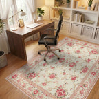 Cream Pink Floral Medallion Border Rug - Office View