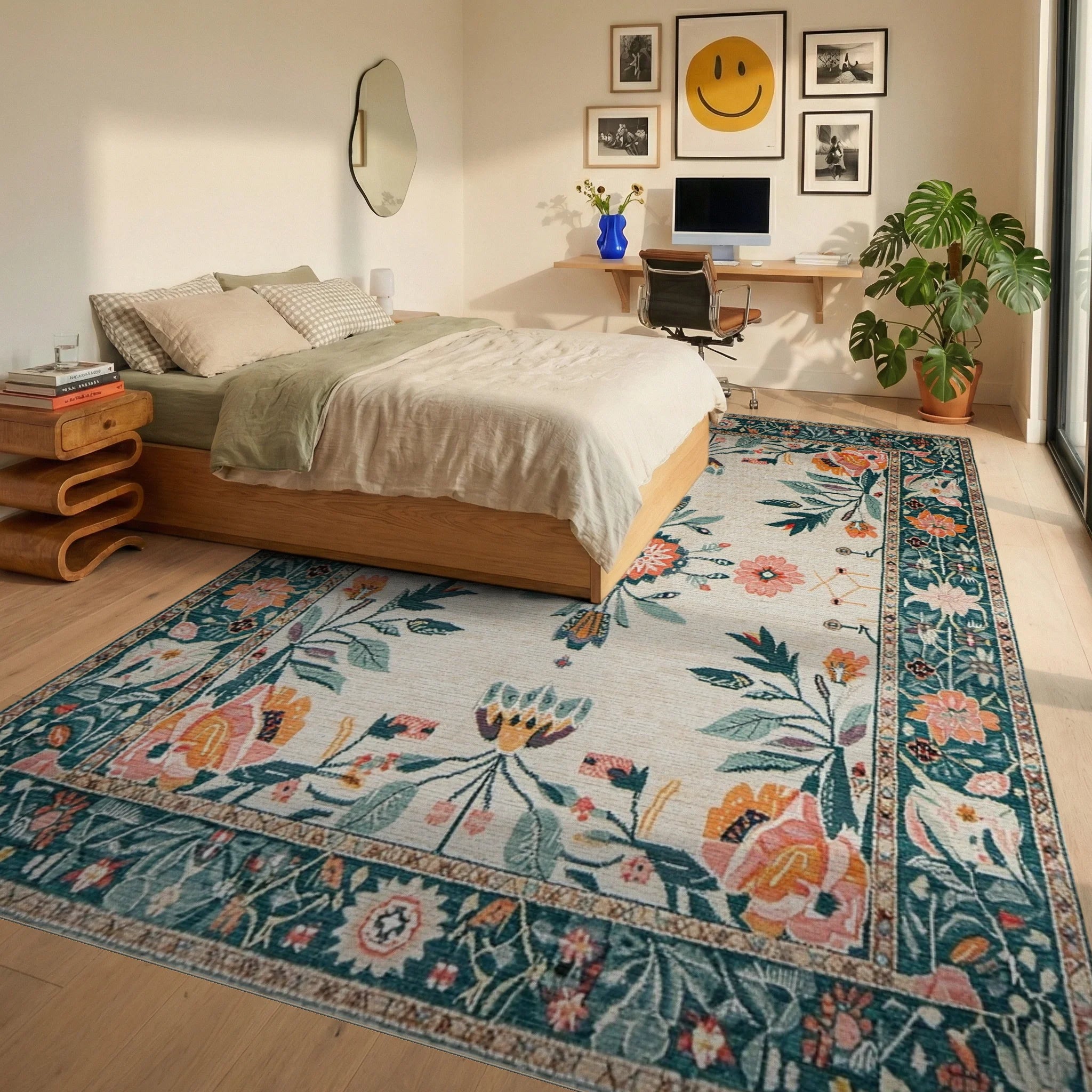Cream Teal Coral Floral Garden Medallion Rug - Bedroom View