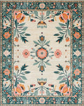 Cream Teal Coral Floral Garden Medallion Rug - Cutout View