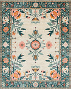 Cream Teal Coral Floral Garden Medallion Rug - Cutout View