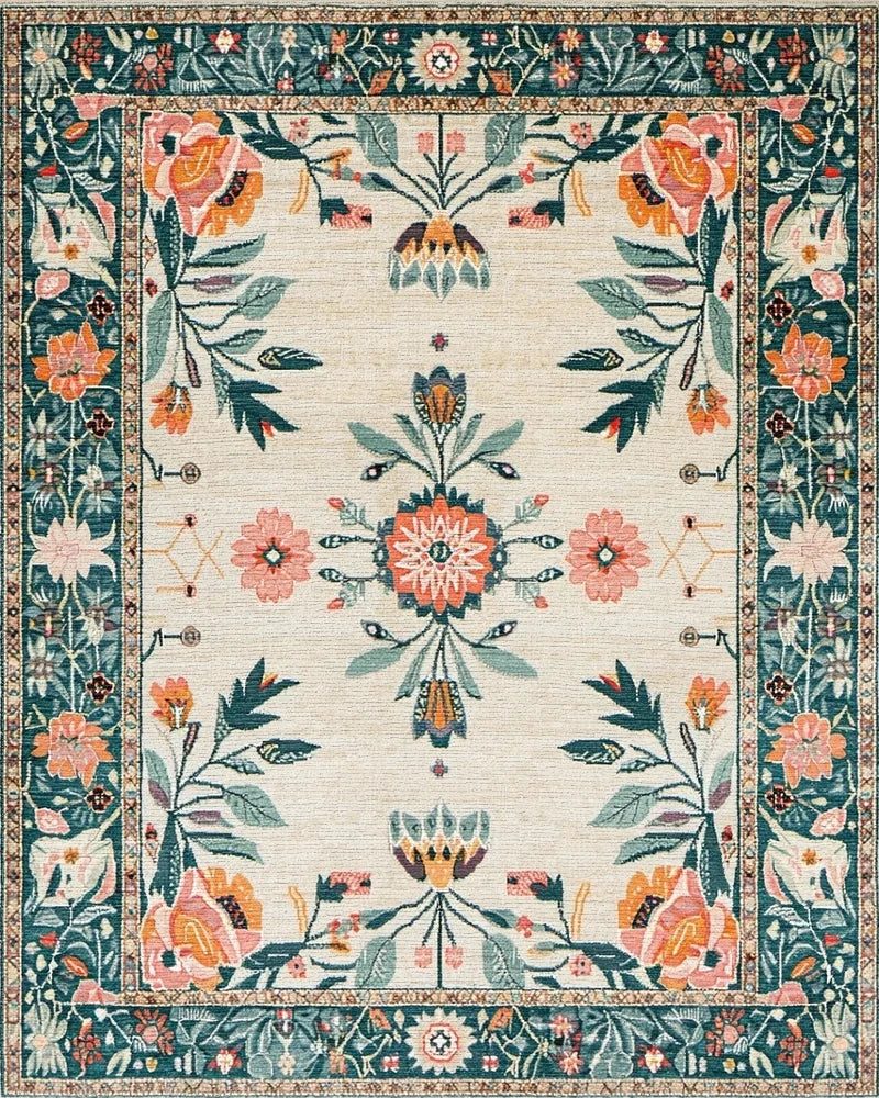 Cream Teal Coral Floral Garden Medallion Rug - Cutout View