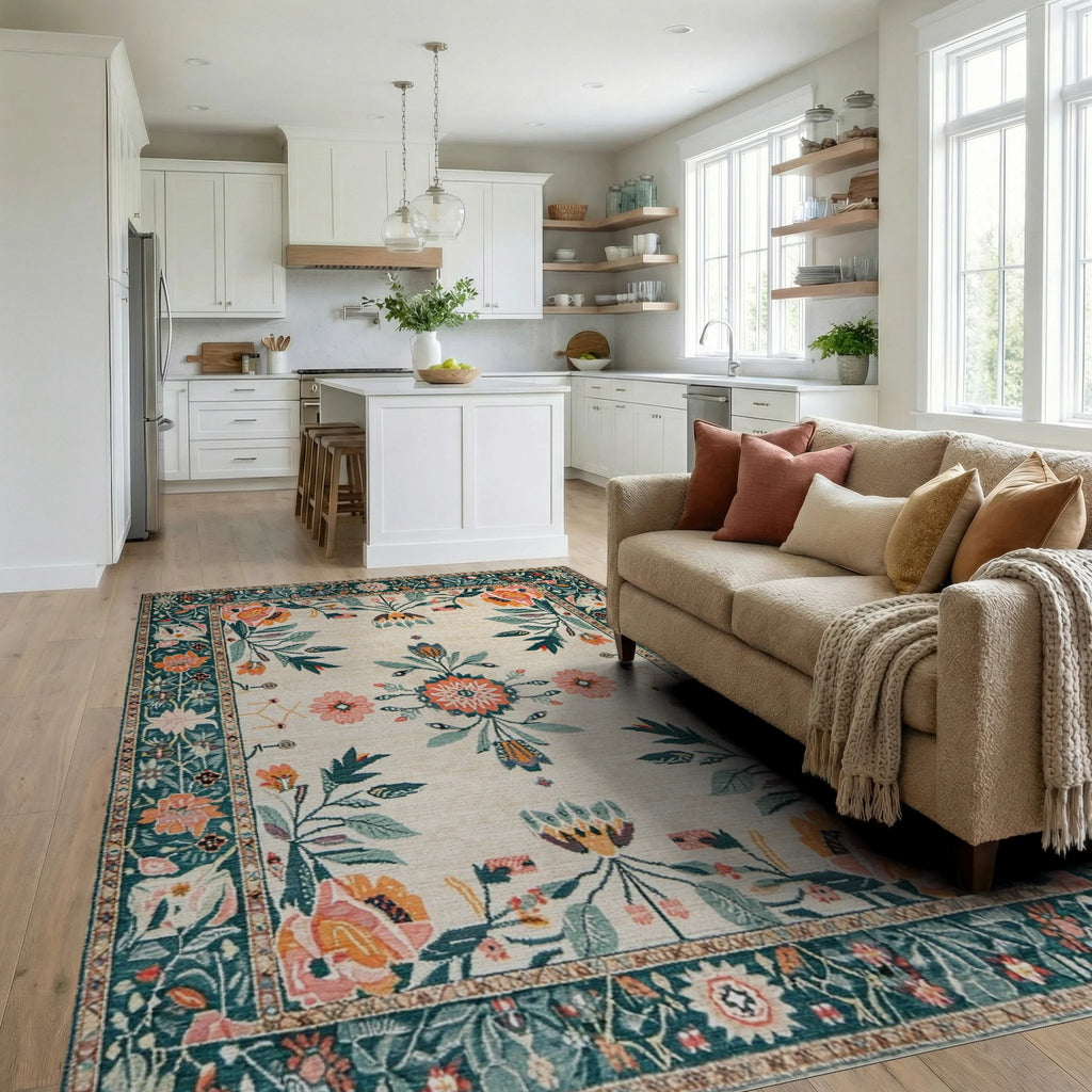 Cream Teal Coral Floral Garden Medallion Rug - Living Room View