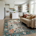 Cream Teal Coral Floral Garden Medallion Rug - Living Room View