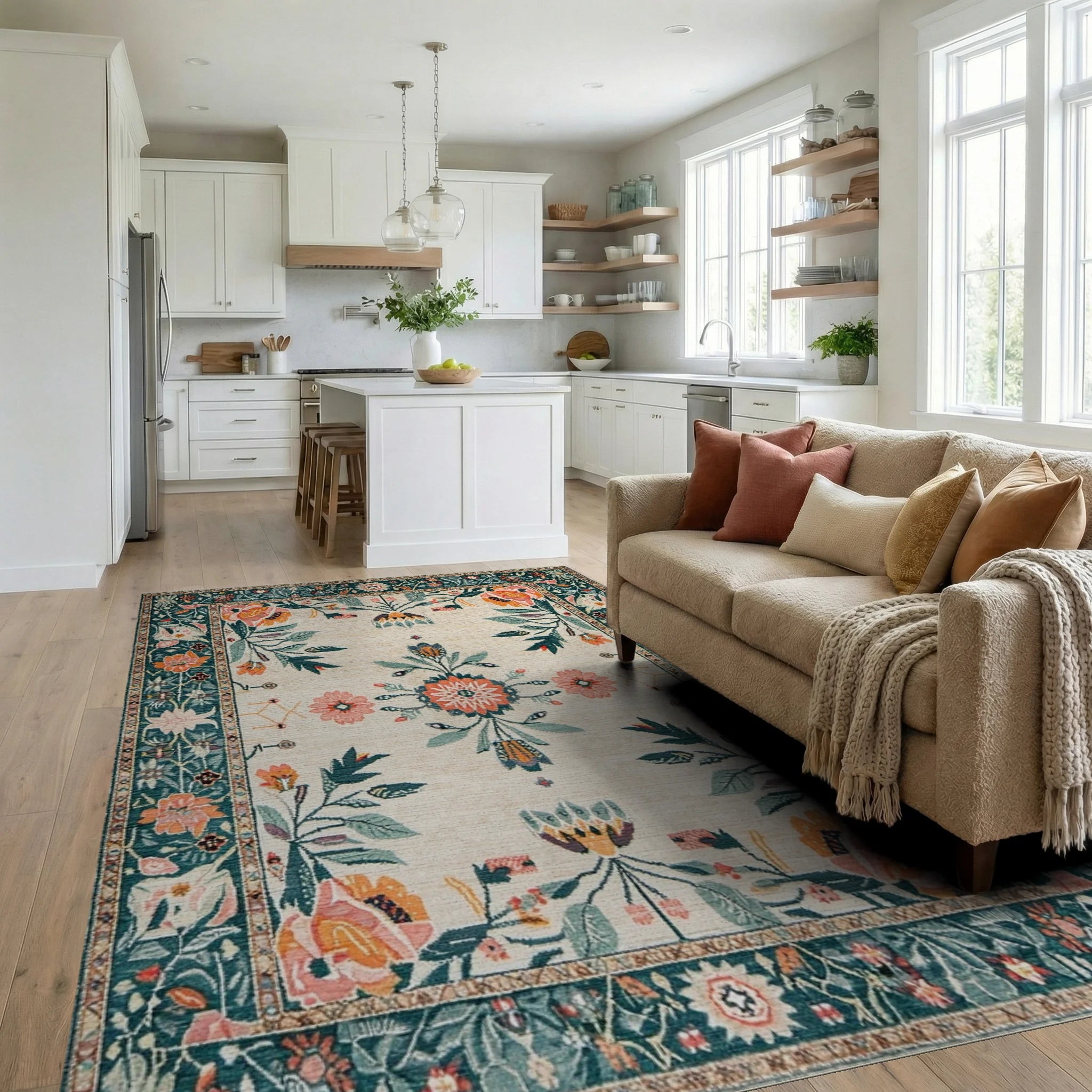 Cream Teal Coral Floral Garden Medallion Rug - Living Room View