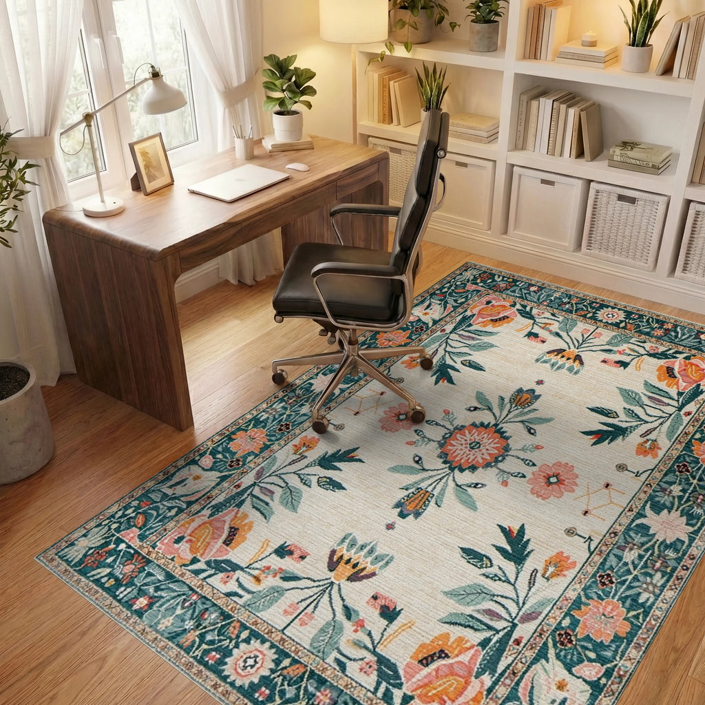 Cream Teal Coral Floral Garden Medallion Rug - Office View