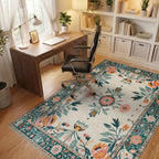 Cream Teal Coral Floral Garden Medallion Rug - Office View