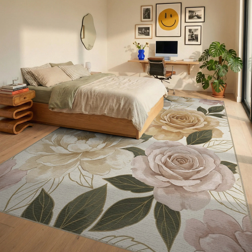 Creamy Taupe Lush Floral Garden Rug Bedroom View
