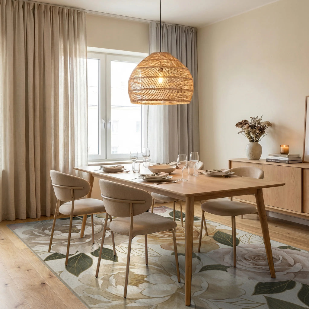 Creamy Taupe Lush Floral Garden Rug Dining Room View