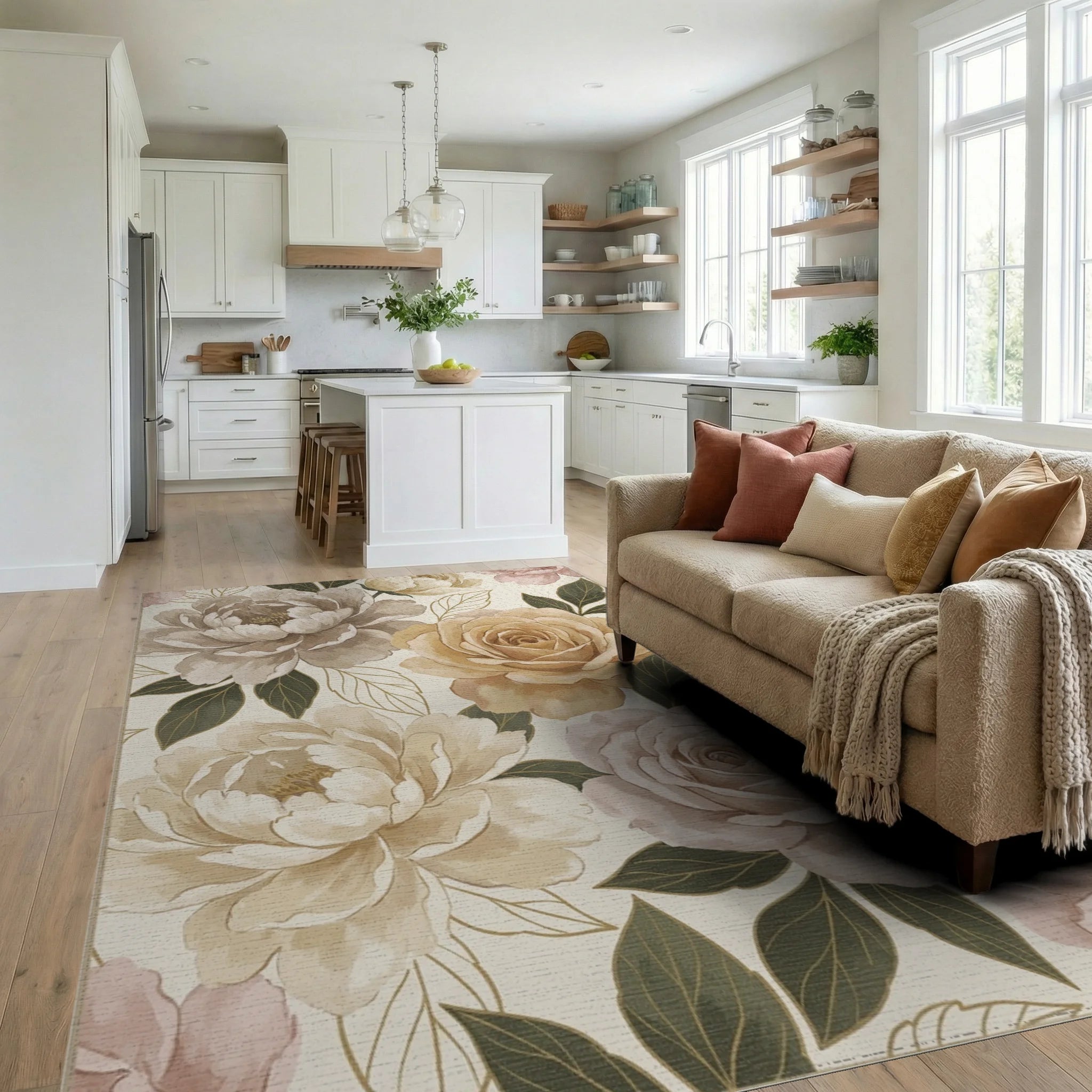 Creamy Taupe Lush Floral Garden Rug Living Room View