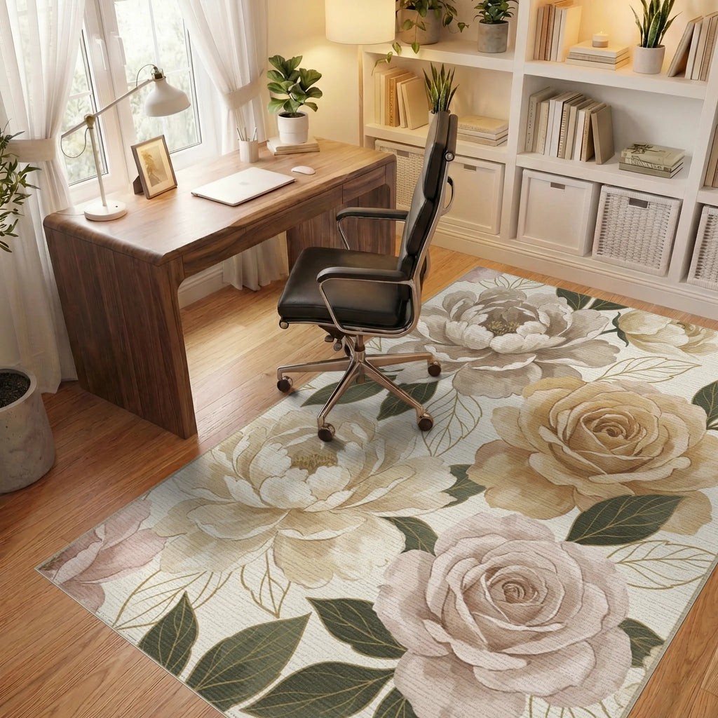 Creamy Taupe Lush Floral Garden Rug Office View
