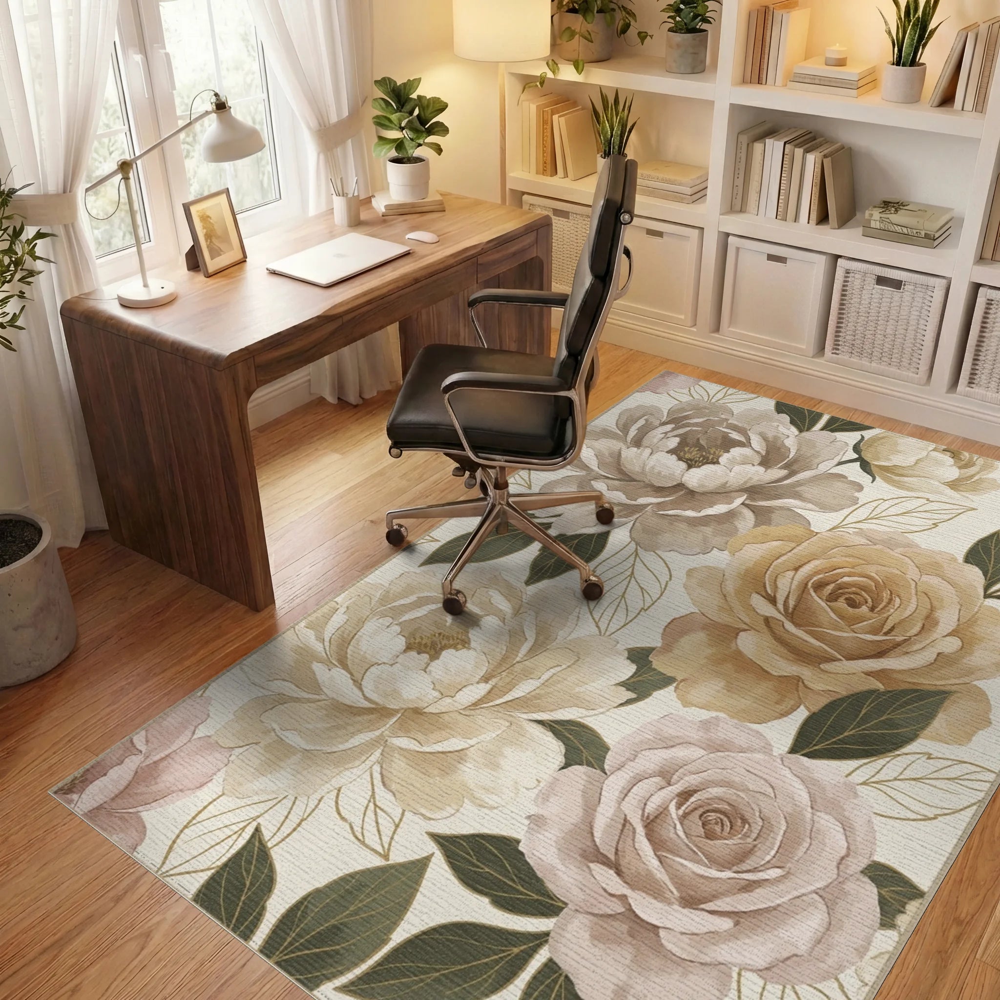 Creamy Taupe Lush Floral Garden Rug Office View