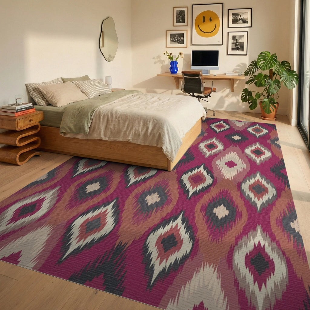 Crimson Abstract Diamond Medallion Rug Bedroom View