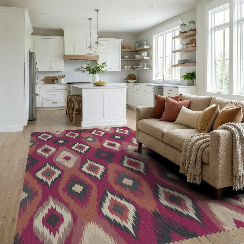 Crimson Abstract Diamond Medallion Rug Living Room View