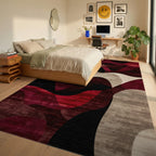 Crimson Abstract Flowing Waves Rug - Bedroom View